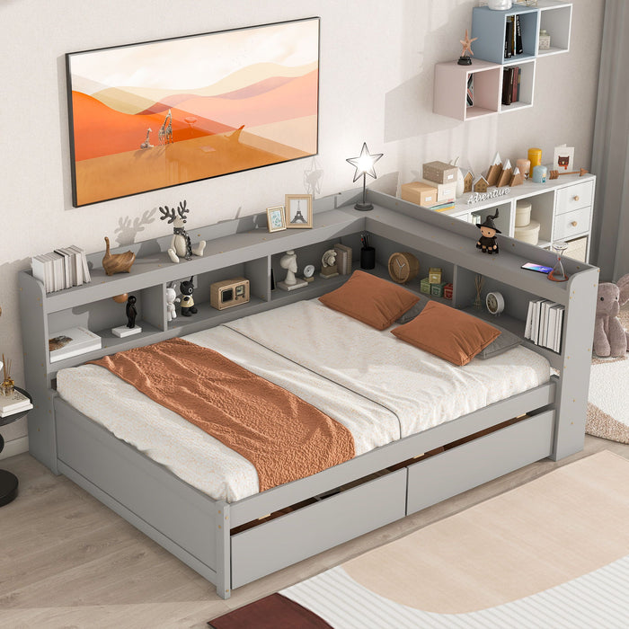 Full Bed With L-Shaped Bookcases, Drawers - Gray