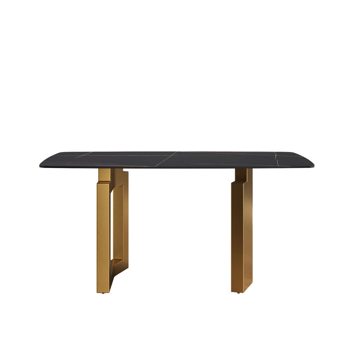 63" Artificial Stone Curved Golden Metal Leg Dining Table, 6 People - Black / Gold