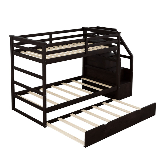 Twin Over Twin Bunk Bed With Twin Size Trundle And 3 Storage Stairs - Espresso