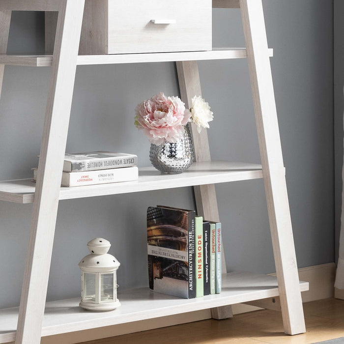 Modern Home Display Cabinet 4-Tier Open Shelving With Center Drawer - White Oak