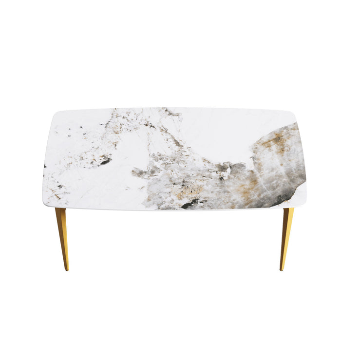 63" Modern Artificial Stone Pandora White Curved Golden Metal Leg Dining Table - Antique White / Gold