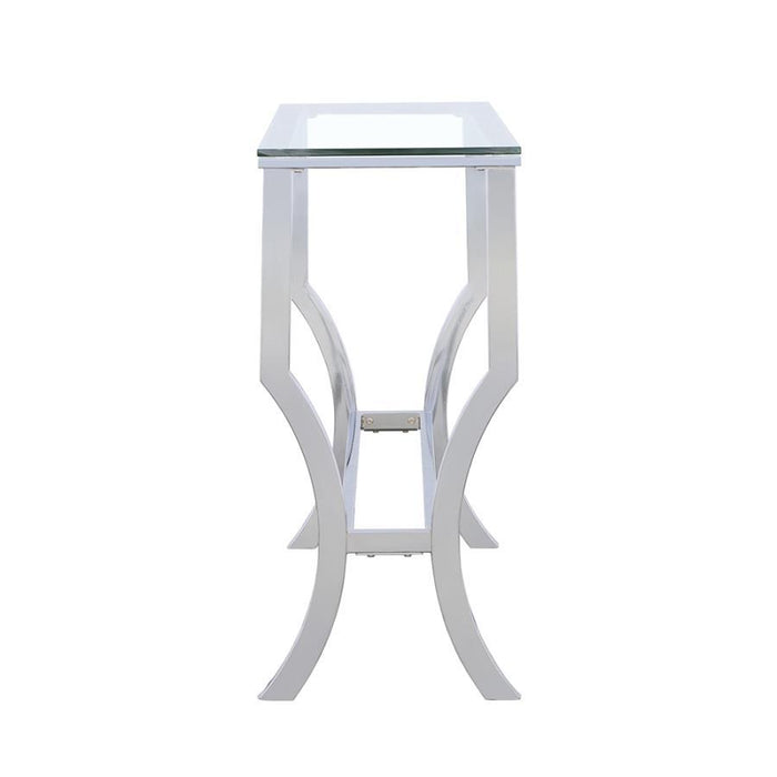 Living Room: Glass Top Occasional Tables - Rectangular Sofa Table With Mirrored Shelf Chrome