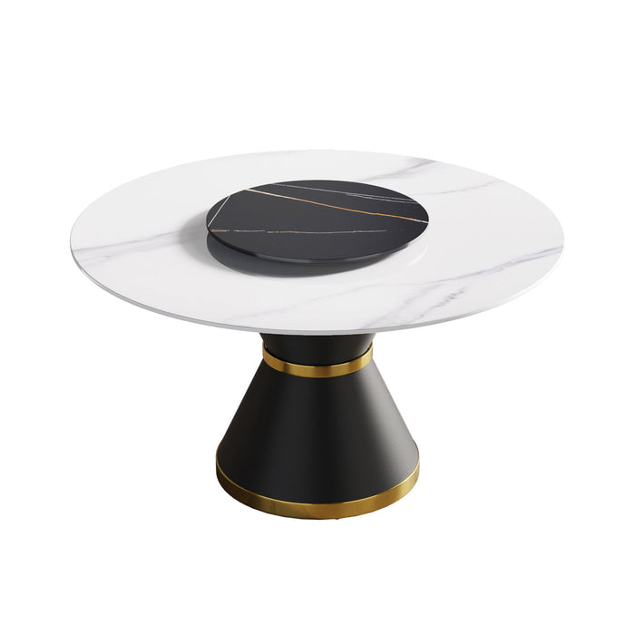 53" Modern Artificial Stone Round Carbon Steel Base Dining Table, Can Accommodate 6 People, Black Artificial Stone Turntable - White / Black