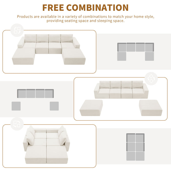 Modular U Shaped Sectional Sofa, Luxury Chenille Floor Couch Set, Upholstered Indoor Furniture, Foam-Filled Sleeper Sofa Bed For Living Room, Bedroom, Free Combination - Beige