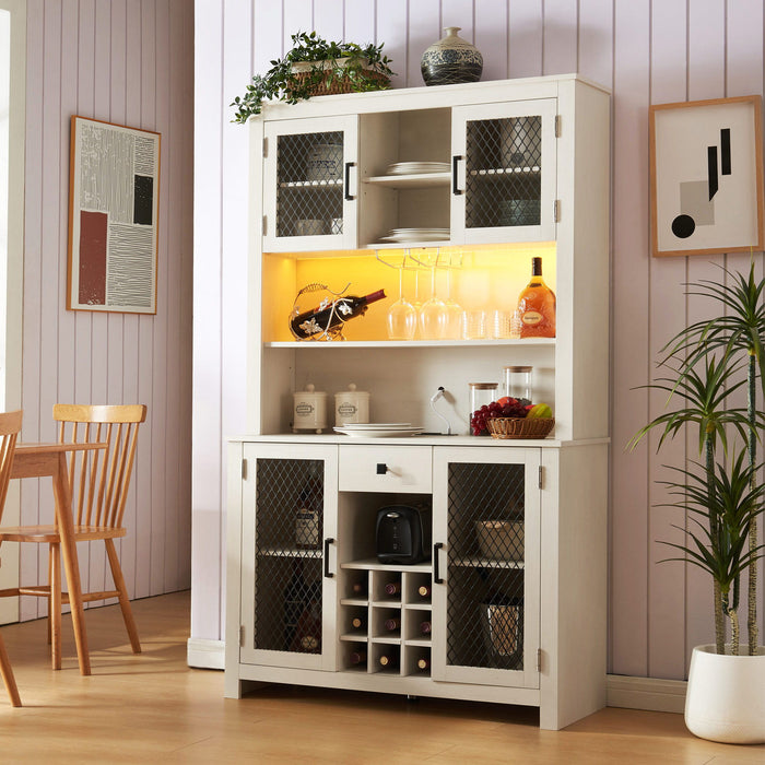 Kitchen Pantry Storage Cabinet Rustic Buffet Cabinet, Kitchen Hutch Cabinet With LED Outlets Food Pantry Cabinet With Doors And Shelves Wine Rack For Dining Room - Antique White