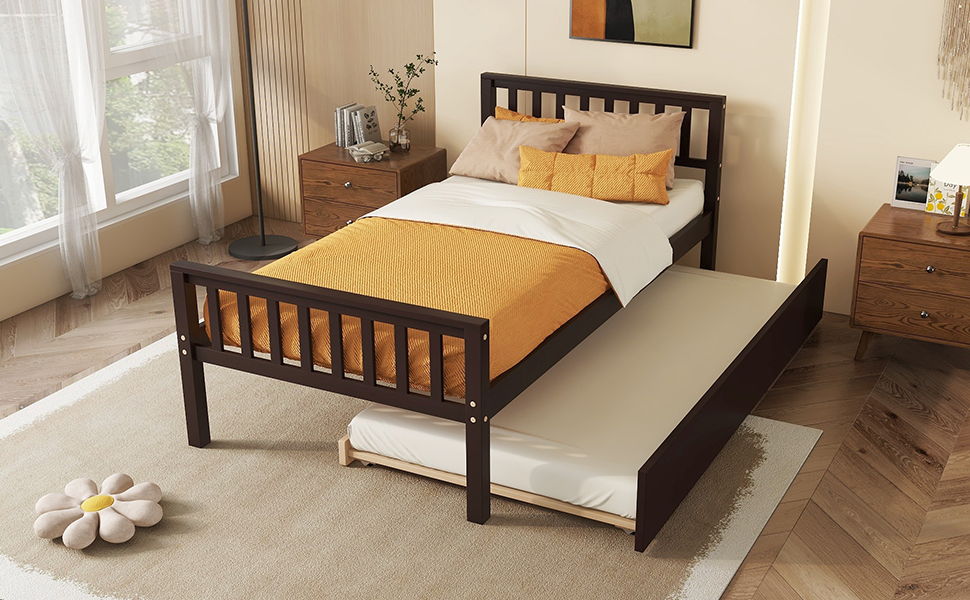 Twin Bed With Trundle, Platform Bed Frame With Headboard And Footboard, For Bedroom Small Living Space, No Box Spring Needed