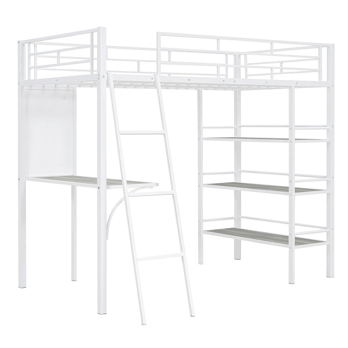 Loft Metal Bed With 3 Layers Of Shelves And Desk, Stylish Metal Frame Bed With Whiteboard