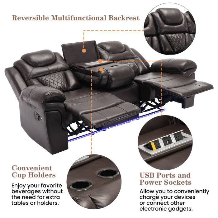 Home Theater Seating Manual Recliner Chair With Center Console And Led Light Strip For Living Room