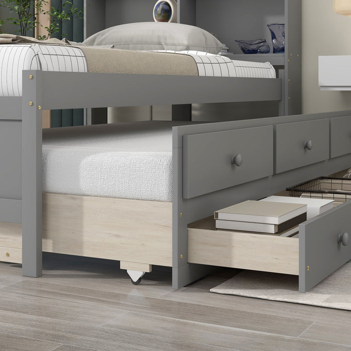 Twin Bed With Twin Trundle, Drawers - Gray