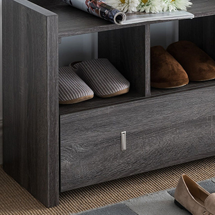 Shoe Entry Bench With Three Shelves, One Drawer With Divided Compartment - Distressed Grey