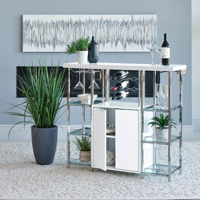 2-door Bar Cabinet With Glass Shelf High Glossy White And Chrome