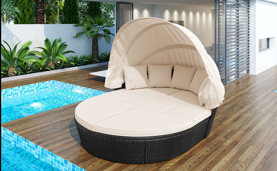 Outdoor Rattan Daybed Sunbed With Retractable Canopy Wicker Furniture, Round Outdoor Sectional Sofa Set - Black Wicker Furniture Clamshell Seating With Washable Cushions, Backyard, Porch