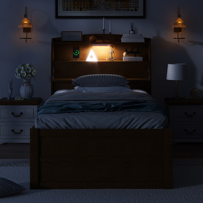 Wooden LED Platform Bed With Trundle, With Storage Headboard, With Drawers