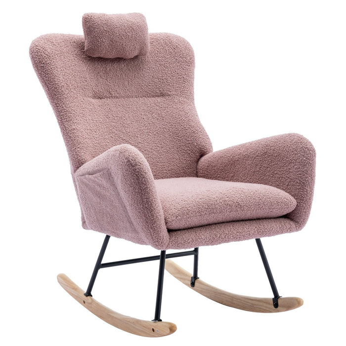 Rocking Chair With Pocket, Soft Teddy Fabric Rocking Chair For Nursery, Comfy Wingback Glider Rocker With Safe Solid Wood Base