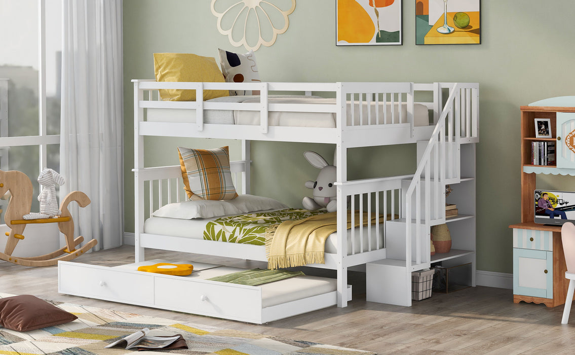 Stairway Bunk Bed With Twin Size Trundle, Storage And Guard Rail For Bedroom, Dorm