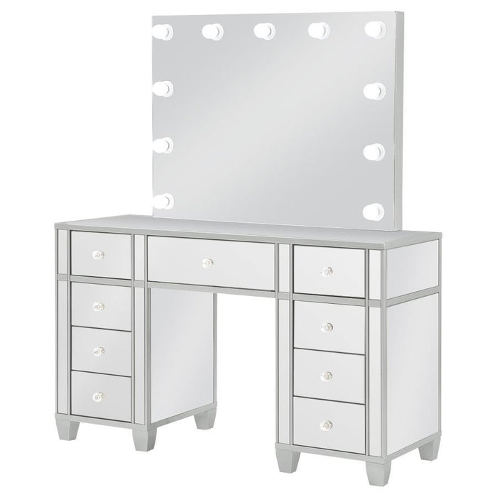 Allora - 9-Drawer Mirrored Storage Vanity Set With Hollywood Lighting - Metallic