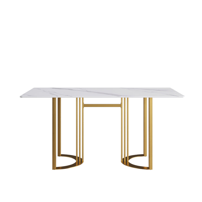 63" Modern Artificial Stone Straight Edge Metal Leg Dining Table, 6 People - White / Gold