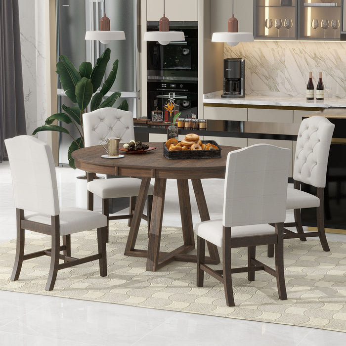 Retro Functional Dining Set, Round Table With Leaf And Upholstered Chairs For Dining Room And Living Room