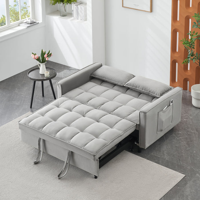 Modern Velvet Loveseat Futon Sofa Couch Pullout Bed, Small Love Seat Lounge Sofa With Reclining Backrest, Toss Pillows, Pockets, Furniture For Living Room, 3 In 1 Convertible Sleeper Sofa Bed - Gray