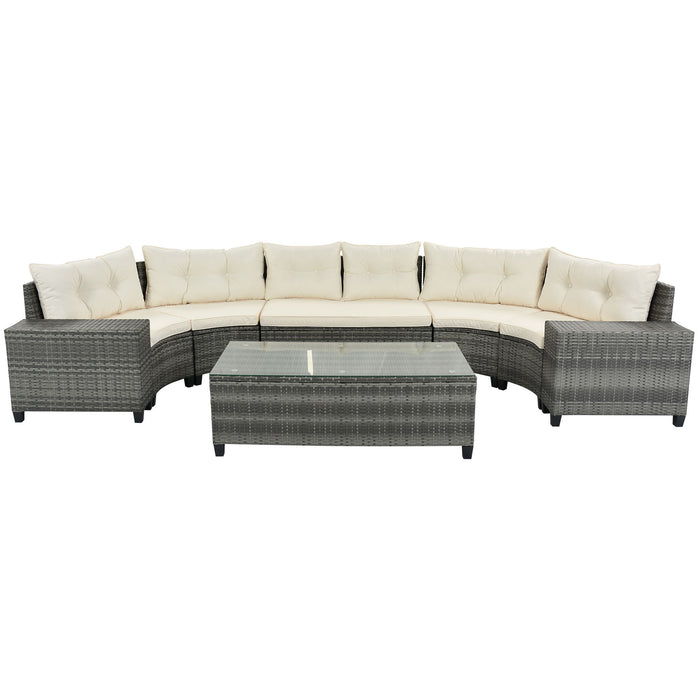 8 Pieces Outdoor Wicker Round Sofa Set, Half-Moon Sectional Sets All Weather, Curved Sofa Set With Rectangular Coffee Table, PE Rattan Water-Resistant And UV Protected, Movable Cushion