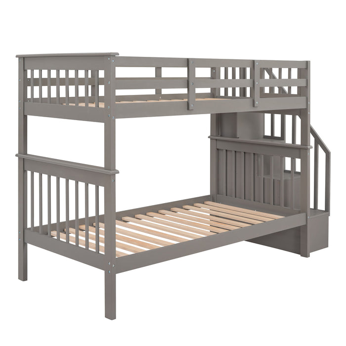 Stairway Bunk Bed With Storage And Guard Rail For Bedroom, Dorm