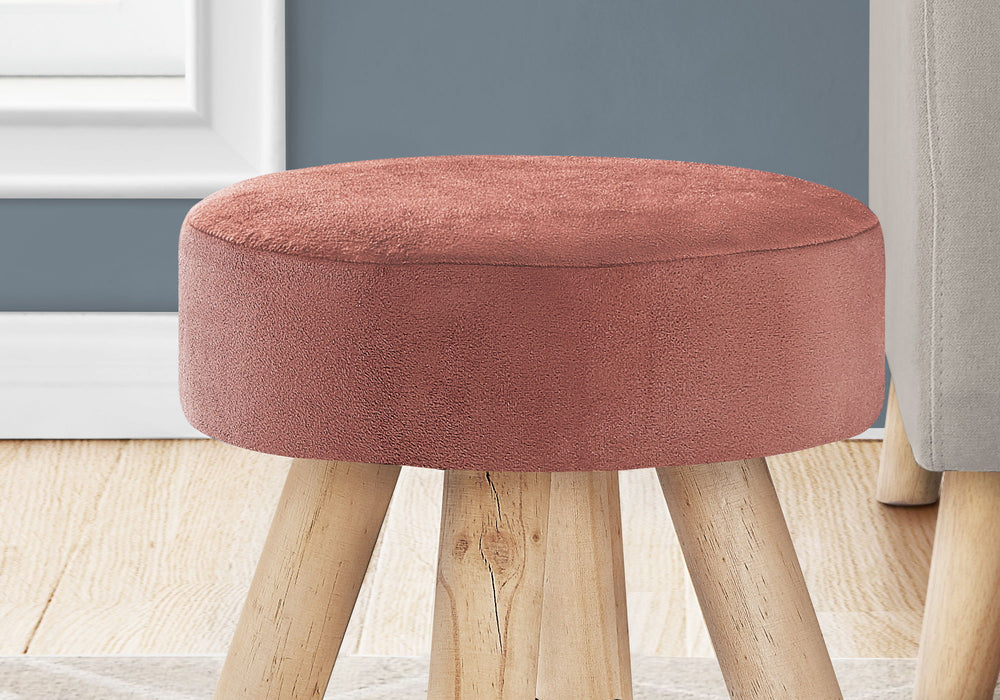 Ottoman, Pouf, Footrest, Foot Stool, Round Velvet, Natural Wood Legs, Contemporary, Modern - Pink