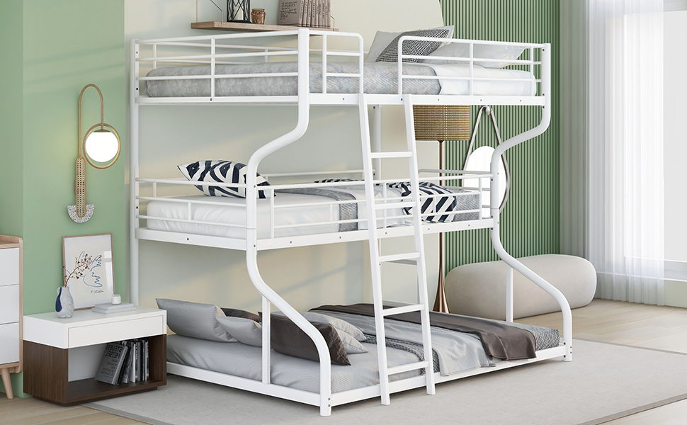 Full Long Over Twin Long Over Queen Size Triple Bunk Bed With Long And Short Ladder - White