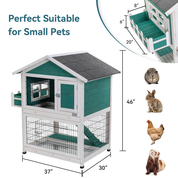 2 Story Wooden Rabbit Hutch Outdoor Indoor Bunny Cage Pull Out Tray, Waterproof Roof - Green