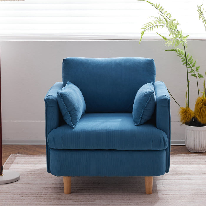 29.5" W Modern Fabric Decorative Chair Armchair Upholstered Reading Chair Single Sofa Casual Club Chair With Solid Wooden Feet And 2 Pillow, For Living Room, Bedroom, Bed Room, Office, Corduroy Fabric - Blue