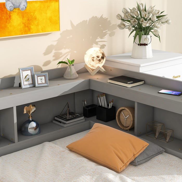 Twin Bed With L-Shaped Bookcases, Drawers - Gray