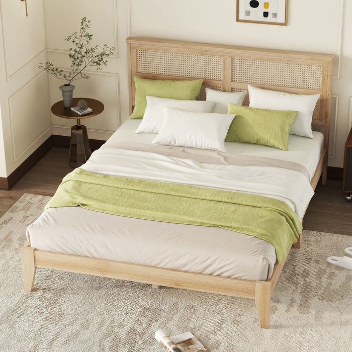 Queen Size Rubber Wooden, Solid Wooden Bed With Rattan Headboard, Enhanced By Support Feet - Natural