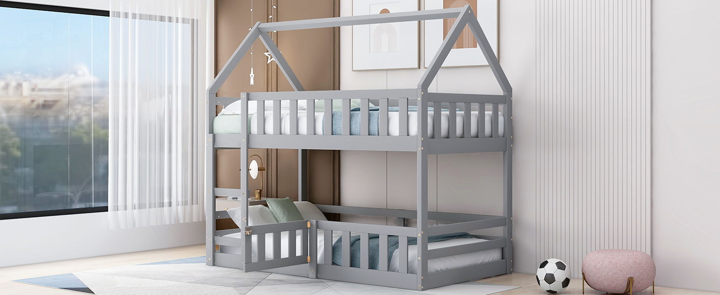 Twin Over Twin House Bunk Bed With Fence And Door - Gray