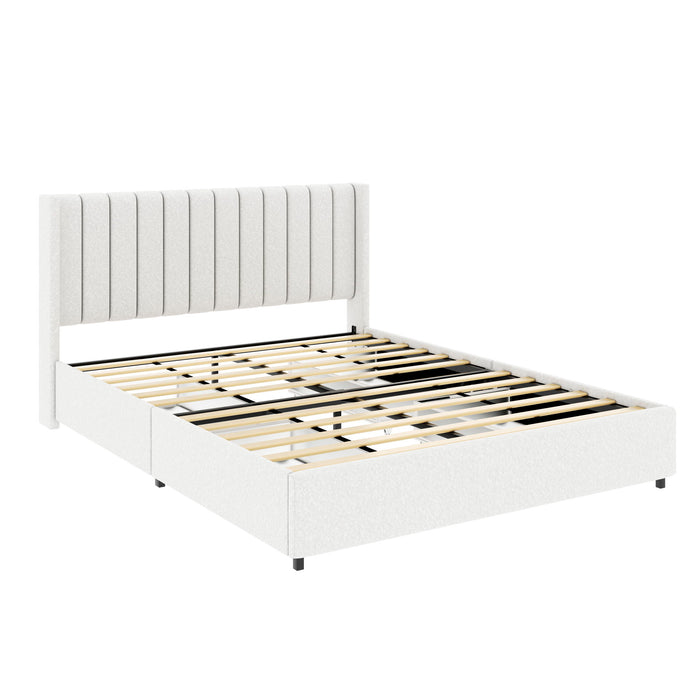 Anda - Queen Boucle Upholstered Platform Bed With Patented 4 Drawers Storage - Ivory