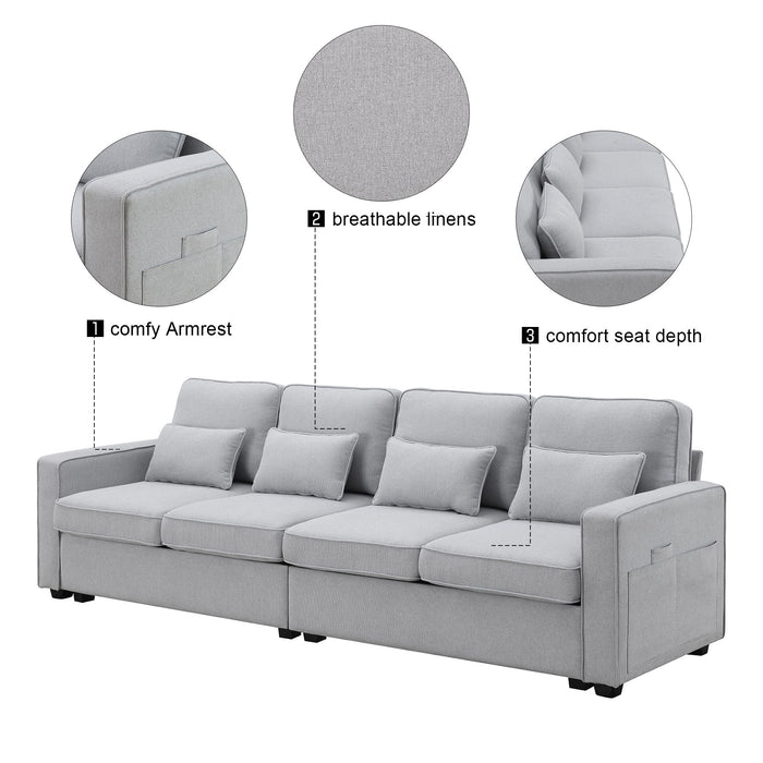 4 Seater Modern Linen Sofa With Armrest Pockets And 4 Pillows, Minimalist Style Couch For Living Room