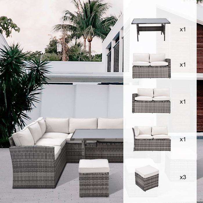 7 Pieces Outdoor Sectional Conversation Sofa With Dining Table, Chairs And Ottomans, All Weather, With Backrest And Removable Cushions