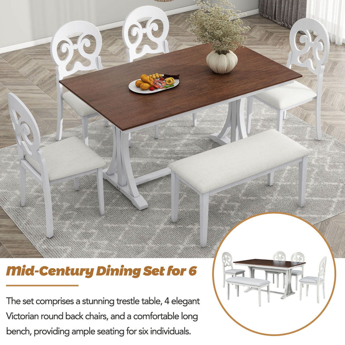 Topmax - 6 Piece Mid-Century Trestle Table Set With Victorian Round Upholstered Dining Chairs And Long Bench - Antique White / Cherry