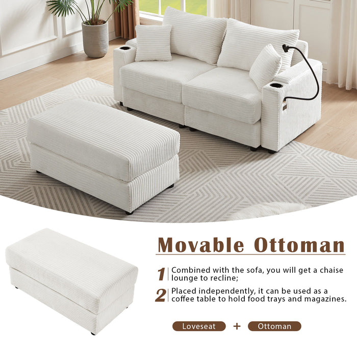 Modern Style Loveseat Sofa Sectional Sofa Couch With Storage Space, A Movable Ottoman, Two USB Ports, Two Cup Holders, A Phone Holder For Living Room