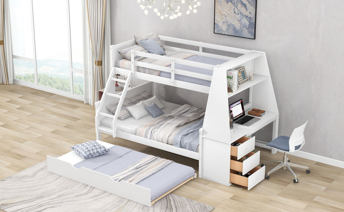 Twin Over Full Bunk Bed With Trundle And Built-In Desk, Three Storage Drawers And Shelf - White