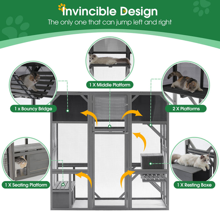 Outdoor Wooden Cat House Catio Enclosure With Super Large Enter Door Cat Kennel With Bouncy Bridge, Platforms And Small Houses Walk In Kitten Cage With Sunshine Board - Dark Gray