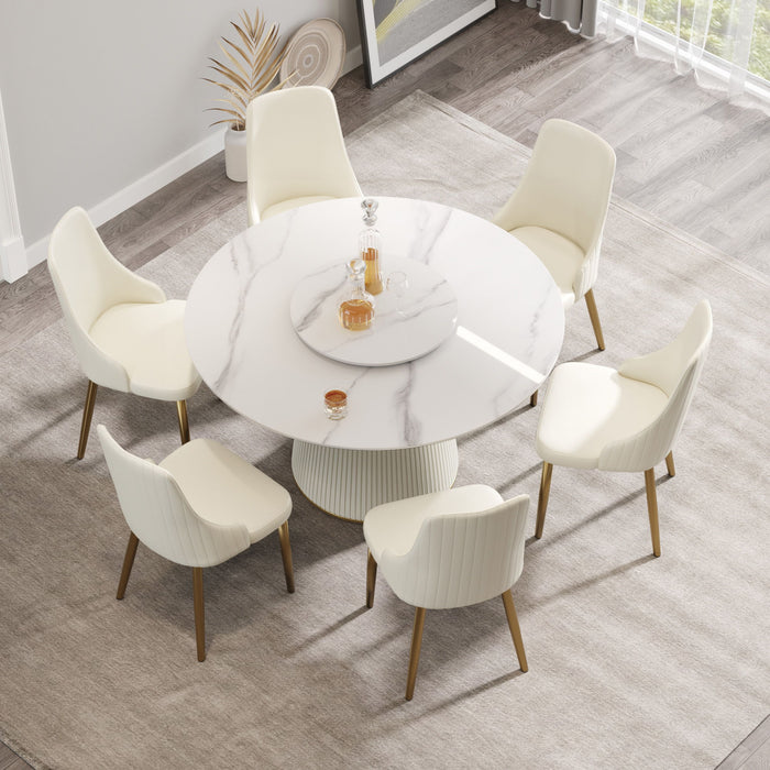 Modern Artificial Stone Round Plywood PU Base Dining Table, Can Accommodate 6 People, Artificial Stone Turntable (Not Including Chairs) - White / Beige