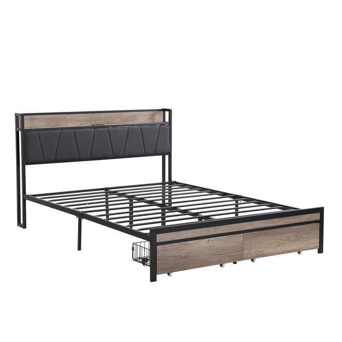 Metal Platform Bed Frame With Upholsteryolstery Storage Function Headboard And USB Liner And Footboard With Drawers, No Box Spring Needed, Large Under Bed Storage