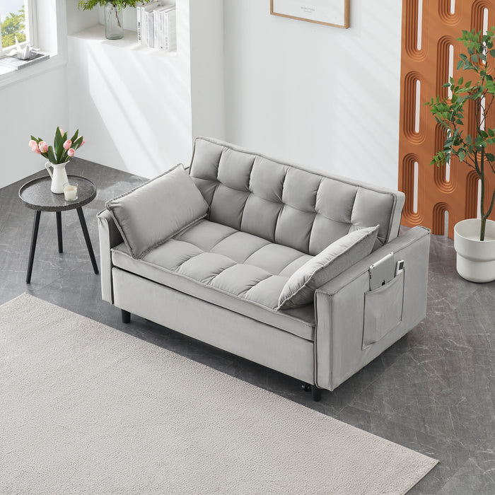 Modern Velvet Loveseat Futon Sofa Couch Pullout Bed, Small Love Seat Lounge Sofa With Reclining Backrest, Toss Pillows, Pockets, Furniture For Living Room, 3 In 1 Convertible Sleeper Sofa Bed - Gray