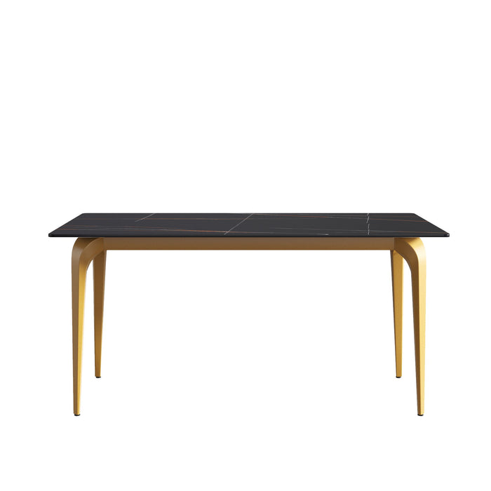 63" Modern Artificial Stone Black Straight Edge Golden Metal Leg Dining Table - Black / Gold