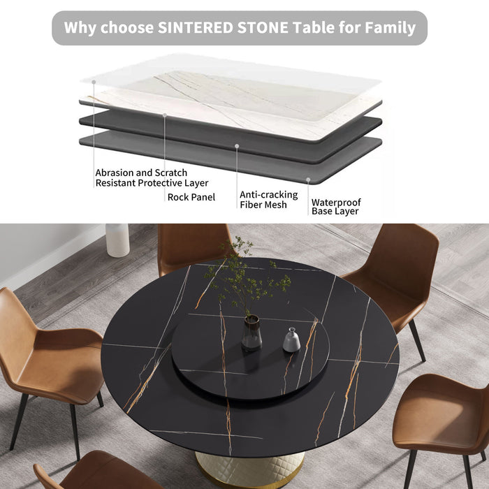 59.05" Modern Artificial Stone Round Carbon Steel Base Dining Table, Can Accommodate 6 People, Artificial Stone Turntable - White / Black