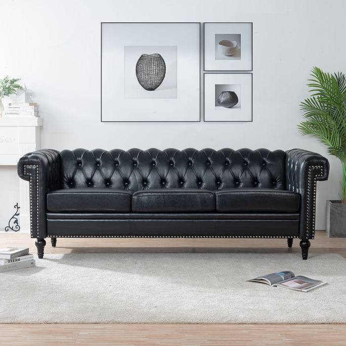 Traditional Square Arm Removable Cushion 3 Seater Sofa - Black