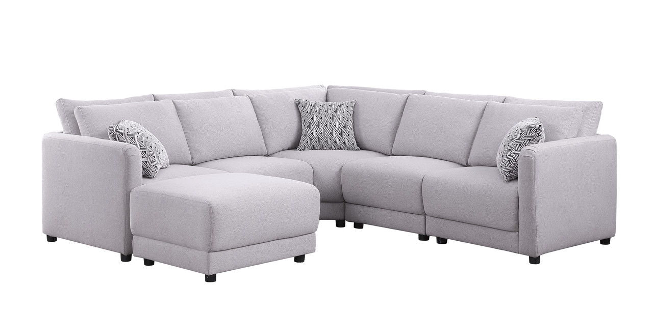 Penelope - Linen Fabric Reversible L-Shape Sectional Sofa With Ottoman And Pillows - Light Gray