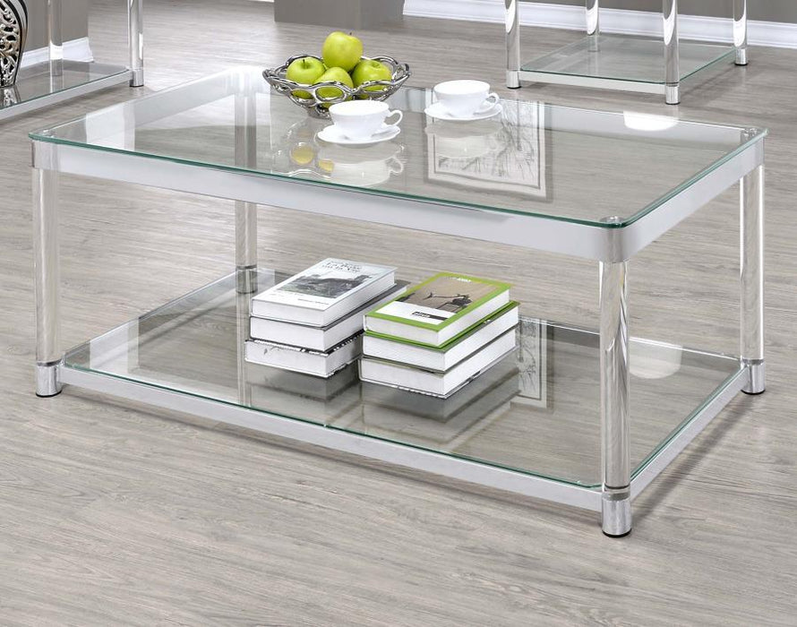 Living Room: Glass Top Occasional Tables - Claude Coffee Table With Lower Shelf Chrome And Clear