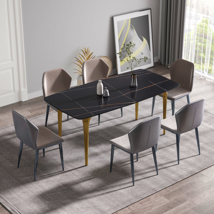 70.87" Modern Artificial Stone Black Curved Golden Metal Leg Dining Table, Can Accommodate 6-8 People - Black / Gold