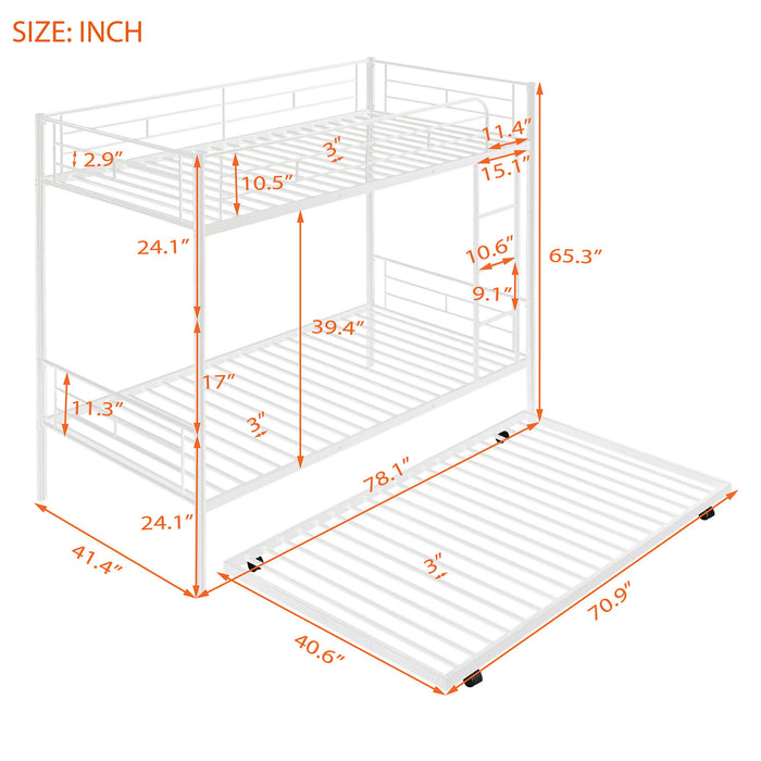 Twin Over Twin Metal Bunk Bed With Trundle, Can Be Divided Into Two Beds, No Box Spring Needed - White