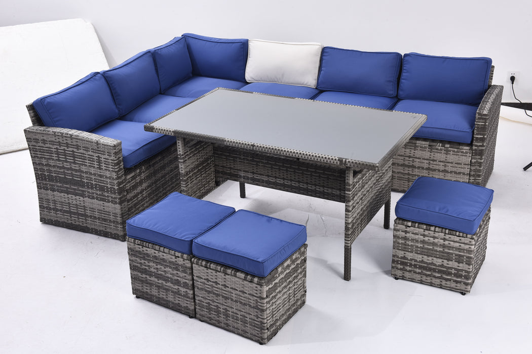 7 Pieces Outdoor Sectional Conversation Sofa With Dining Table, Chairs And Ottomans, All Weather, With Backrest And Removable Cushions